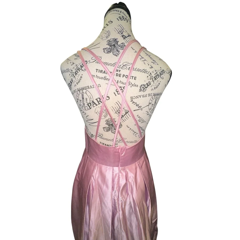 Satin Formal‎ Ball Gown Pink Spaghetti Strap Cross Back Maxi Dress Sz M